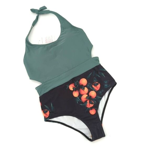 Oh Yeah Black Green Oranges Cut-Out One Piece Halter Swimsuit Size Large NWT - Picture 1 of 9